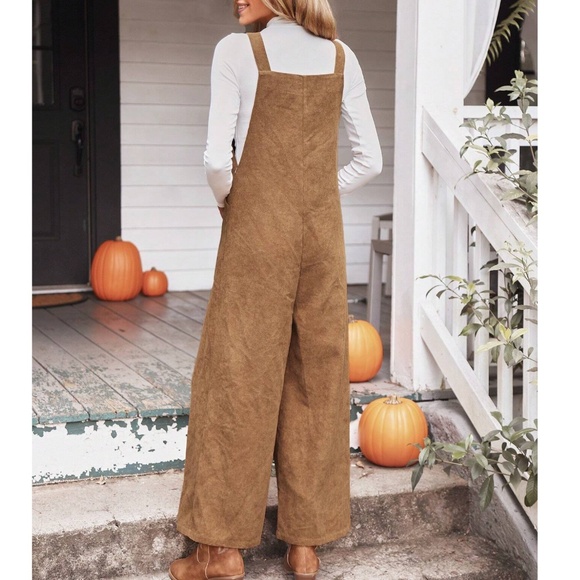 Solid Corduroy Pleated Detail Pockets Wide Leg Bib Overalls - Picture 4 of 5